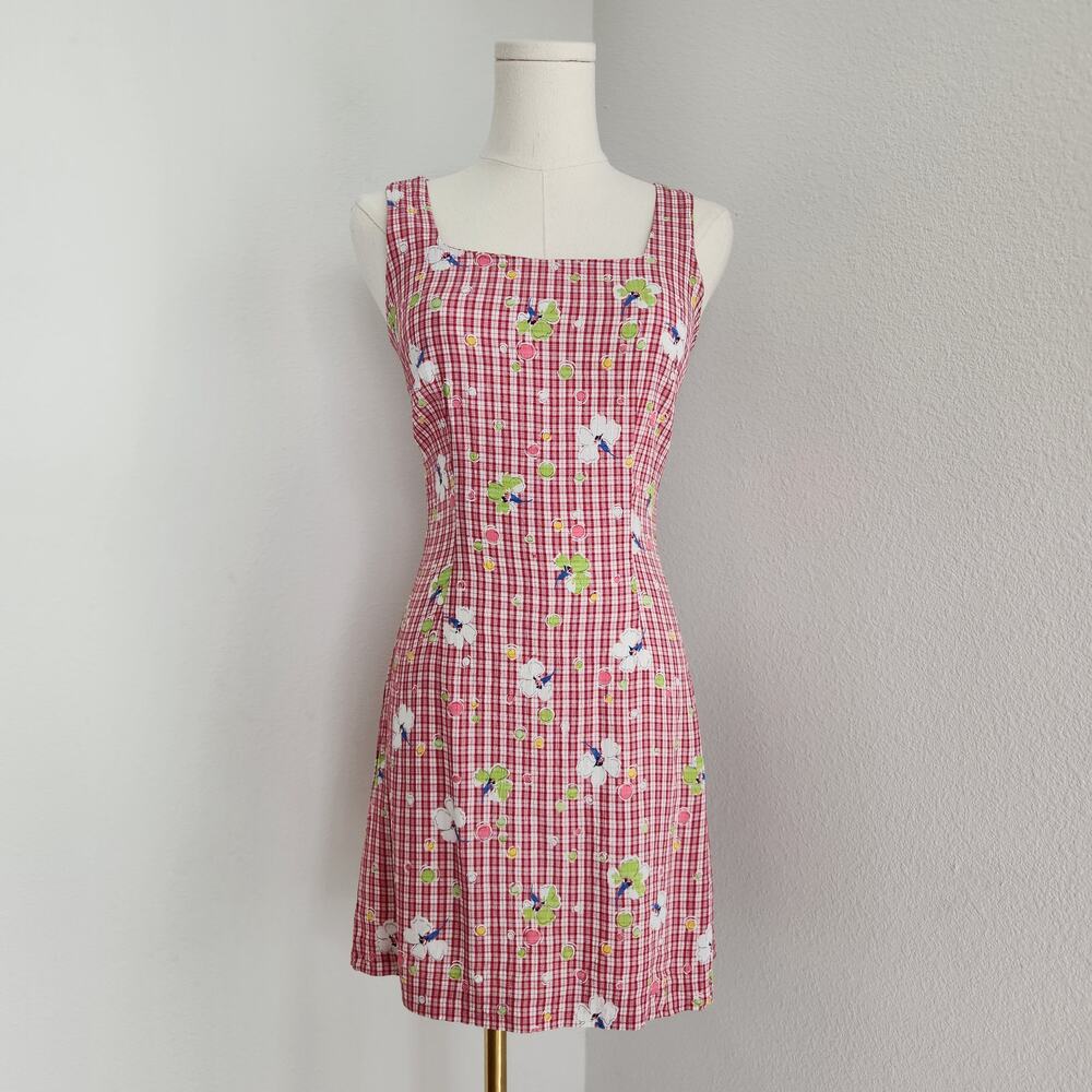 Vintage 90s Pink Plaid Floral Sleeveless Mini Dress Square Neck Variazioni XS